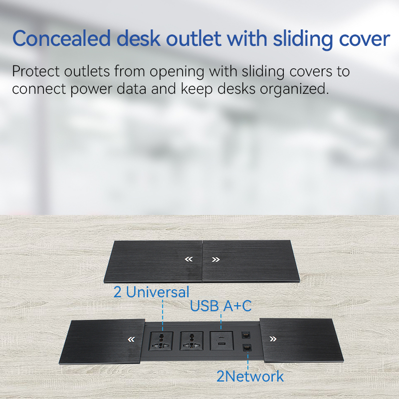Double Sliding Hidden Conference Power Socket with 2 Universal Outlets 1 USB-A/C 2 CAT6