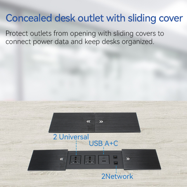 Double Sliding Hidden Conference Power Socket with 2 Universal Outlets 1 USB-A/C 2 CAT6