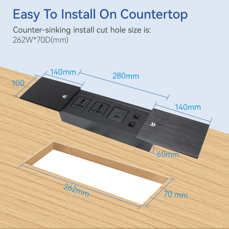 Double Sliding Hidden Conference Power Socket with 2 Universal Outlets 1 USB-A/C 2 CAT6