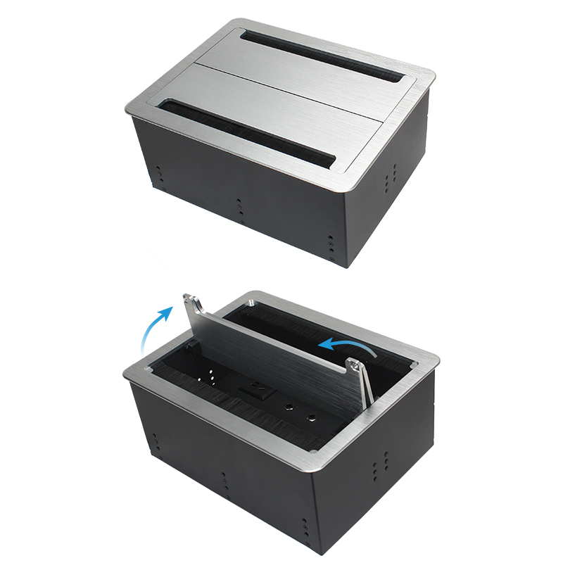 Desktop Flushed Panel Double Flip Socket With 2 China Outlets 4 3.55mm AUDIO 4 CAT3 For Conference