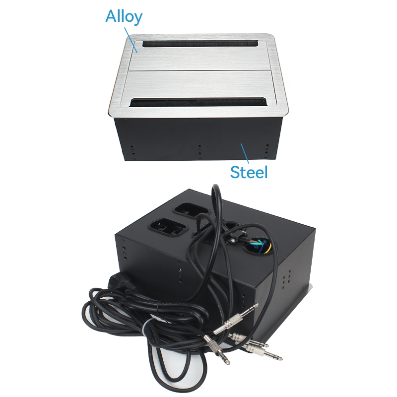 Desktop Flushed Panel Double Flip Socket With 2 China Outlets 4 3.55mm AUDIO 4 CAT3 For Conference