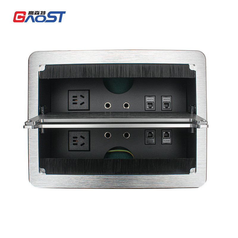 Desktop Flushed Panel Double Flip Socket With 2 China Outlets 4 3.55mm AUDIO 4 CAT3 For Conference