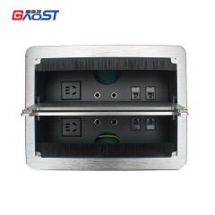 Desktop Flushed Panel Double Flip Socket With 2 China Outlets 4 3.55mm AUDIO 4 CAT3 For Conference