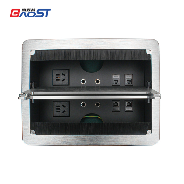 Desktop Flushed Panel Double Flip Socket With 2 China Outlets 4 3.55mm AUDIO 4 CAT3 For Conference