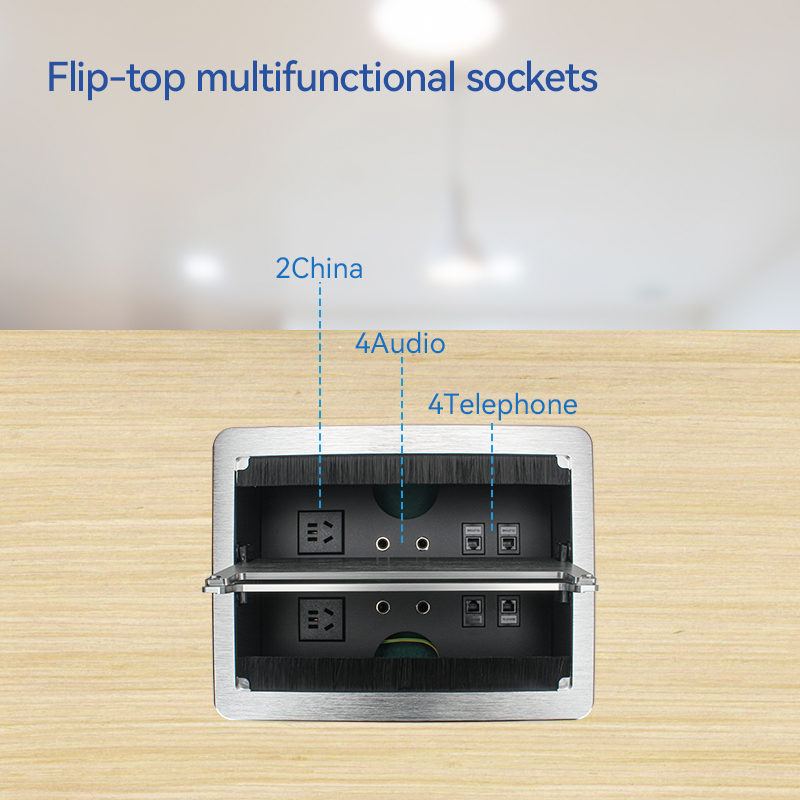 Desktop Flushed Panel Double Flip Socket With 2 China Outlets 4 3.55mm AUDIO 4 CAT3 For Conference