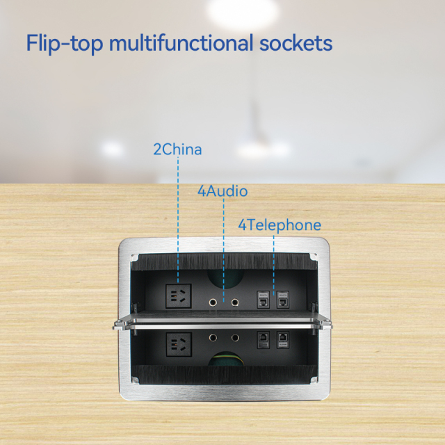 Desktop Flushed Panel Double Flip Socket With 2 China Outlets 4 3.55mm AUDIO 4 CAT3 For Conference