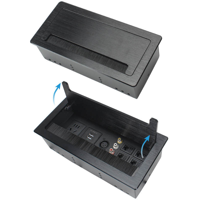 Multifunctional Desktop Flip Up Socket With 1 China Outlet 2 USB-A 1 Microphone 4 CAT6 1 HDMI 1 RCA For Conference