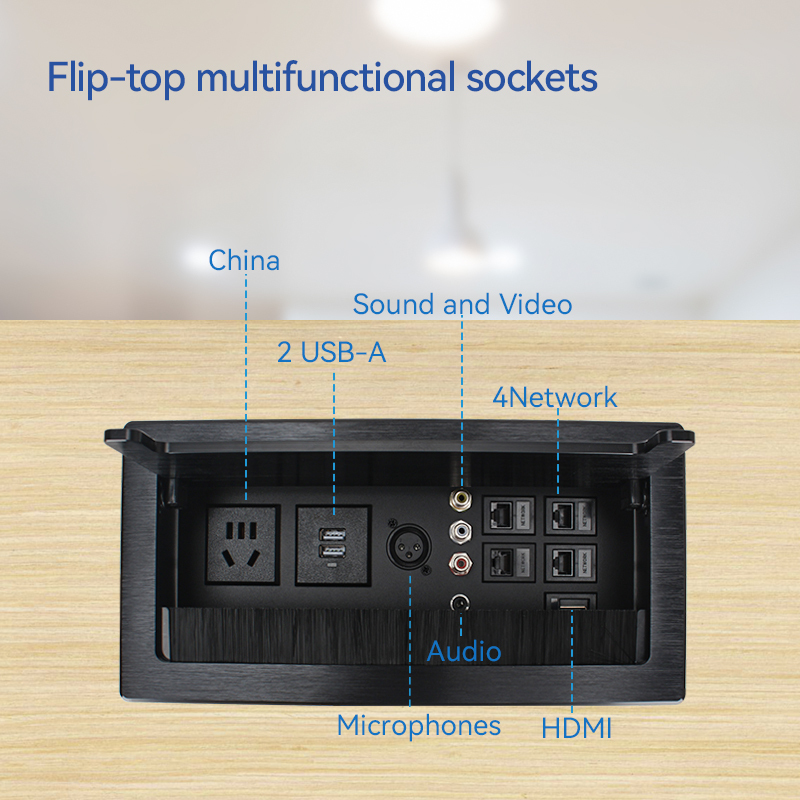 Multifunctional Desktop Flip Up Socket With 1 China Outlet 2 USB-A 1 Microphone 4 CAT6 1 HDMI 1 RCA For Conference