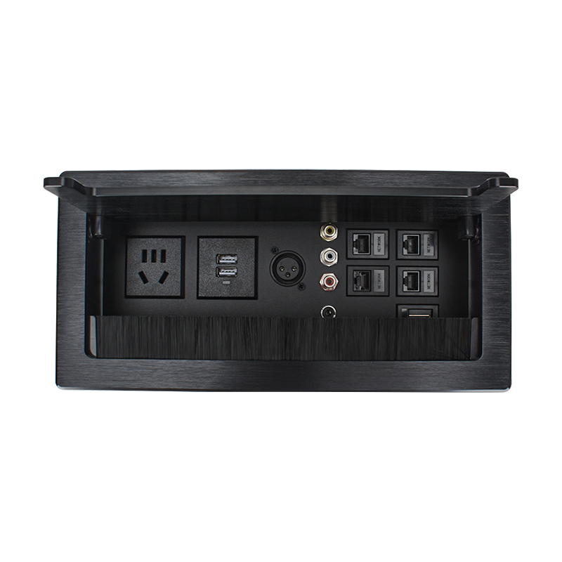 Multifunctional Desktop Flip Up Socket With 1 China Outlet 2 USB-A 1 Microphone 4 CAT6 1 HDMI 1 RCA For Conference