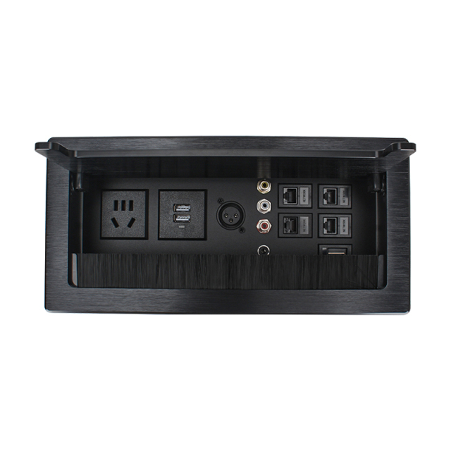 Multifunctional Desktop Flip Up Socket With 1 China Outlet 2 USB-A 1 Microphone 4 CAT6 1 HDMI 1 RCA For Conference