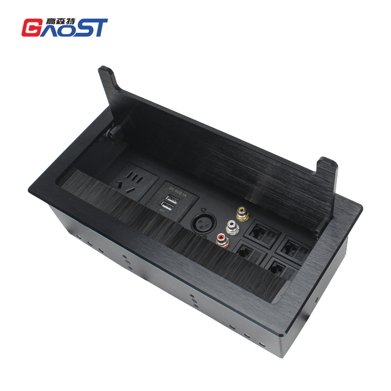 Multifunctional Desktop Flip Up Socket With 1 China Outlet 2 USB-A 1 Microphone 4 CAT6 1 HDMI 1 RCA For Conference