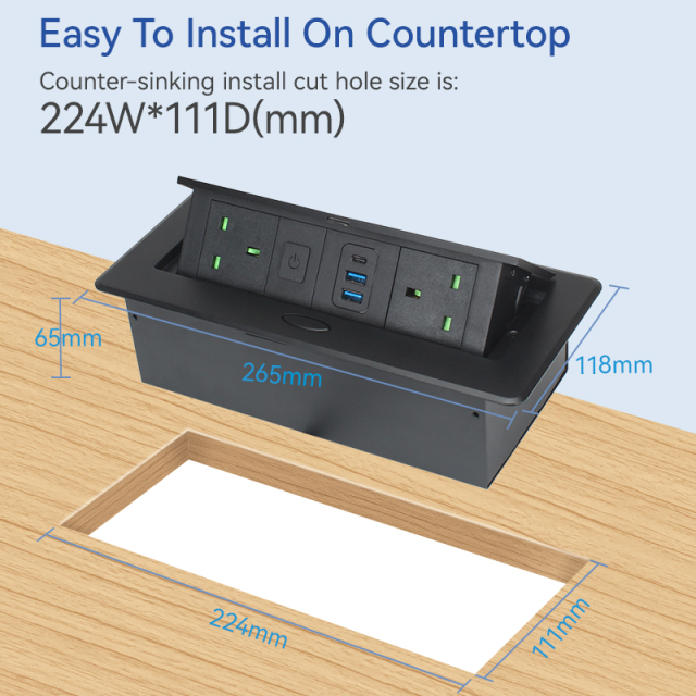 Meeting Room Customized Alloy Socket Tabletop Pop UP Socket 2 UK Outlets 2 USB-A 1 USB-C and 1 Switch