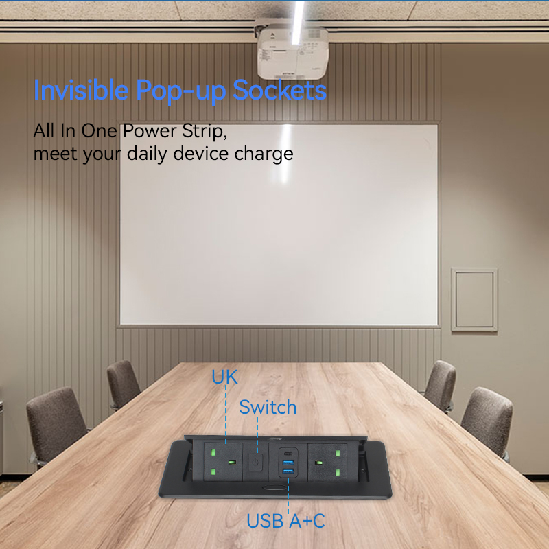 Meeting Room Customized Alloy Socket Tabletop Pop UP Socket 2 UK Outlets 2 USB-A 1 USB-C and 1 Switch