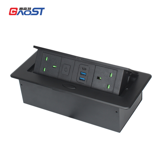 Meeting Room Customized Alloy Socket Tabletop Pop UP Socket 2 UK Outlets 2 USB-A 1 USB-C and 1 Switch