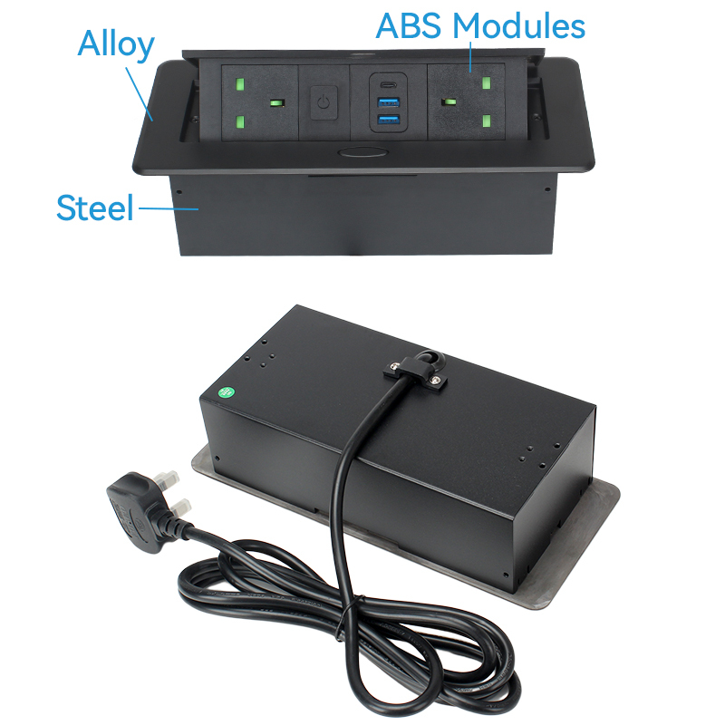 Meeting Room Customized Alloy Socket Tabletop Pop UP Socket 2 UK Outlets 2 USB-A 1 USB-C and 1 Switch