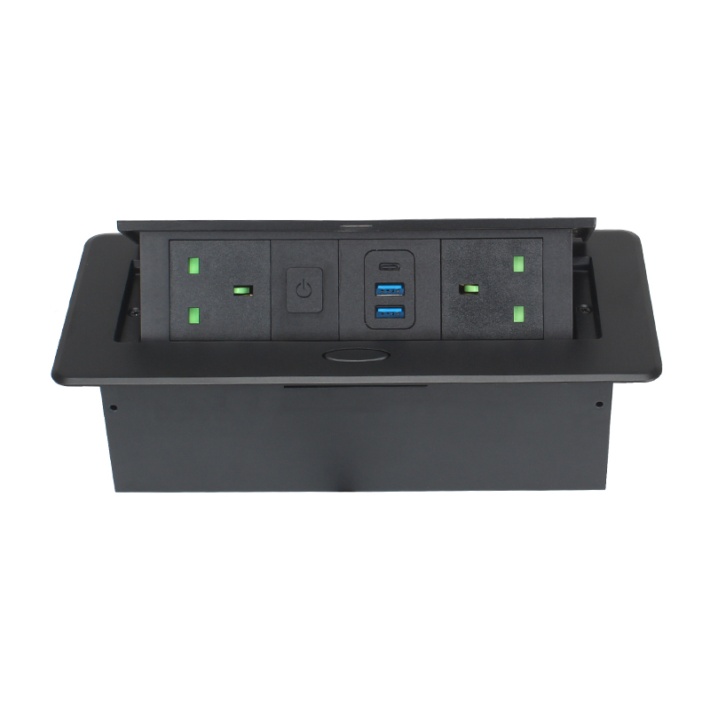 Meeting Room Customized Alloy Socket Tabletop Pop UP Socket 2 UK Outlets 2 USB-A 1 USB-C and 1 Switch