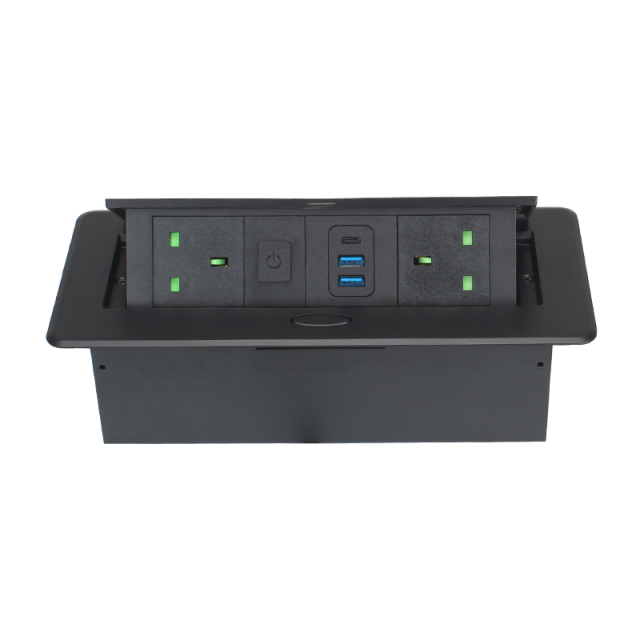 Meeting Room Customized Alloy Socket Tabletop Pop UP Socket 2 UK Outlets 2 USB-A 1 USB-C and 1 Switch