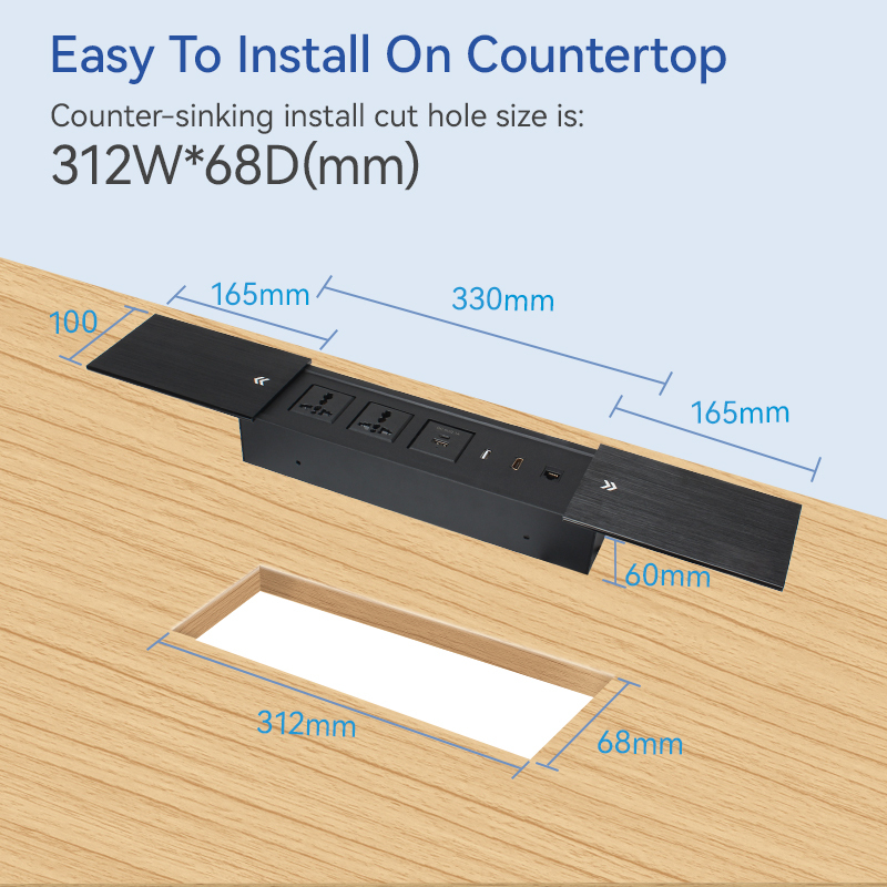 Double Sliding Hidden Desktop Power Strip 2 Universal 1 USB-A/C Charging 1 USB-A Date Port and 1 HDMI