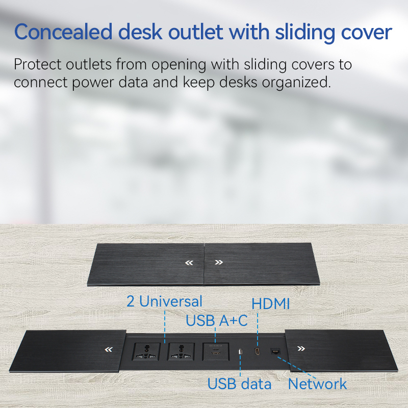 Double Sliding Hidden Desktop Power Strip 2 Universal 1 USB-A/C Charging 1 USB-A Date Port and 1 HDMI