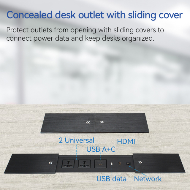 Double Sliding Hidden Desktop Power Strip 2 Universal 1 USB-A/C Charging 1 USB-A Date Port and 1 HDMI
