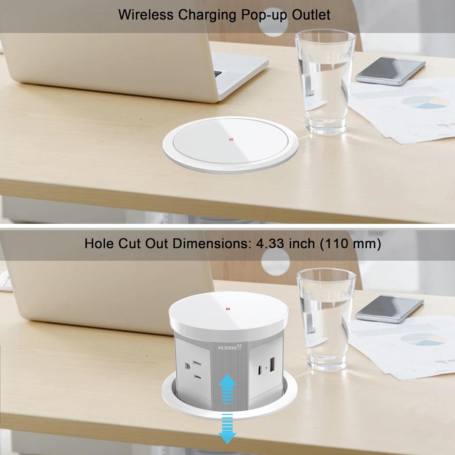 Automatic Pop Up Outlet, 4.33 inch/110mm hole Pop Up Outlet for Countertop with 15W Wireless Charger 3 AC Plug 10W USB-A 1 USB-C Hidden Outlet 5 FT/1.5m Cord for for Kitchen/Home/Office