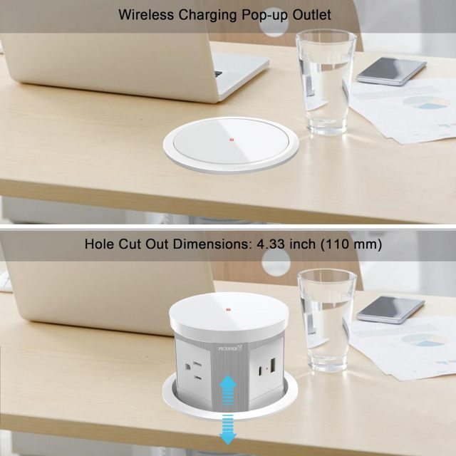 Automatic Pop Up Outlet, 4.33 inch/110mm hole Pop Up Outlet for Countertop with 15W Wireless Charger 3 AC Plug 10W USB-A 1 USB-C Hidden Outlet 5 FT/1.5m Cord for for Kitchen/Home/Office