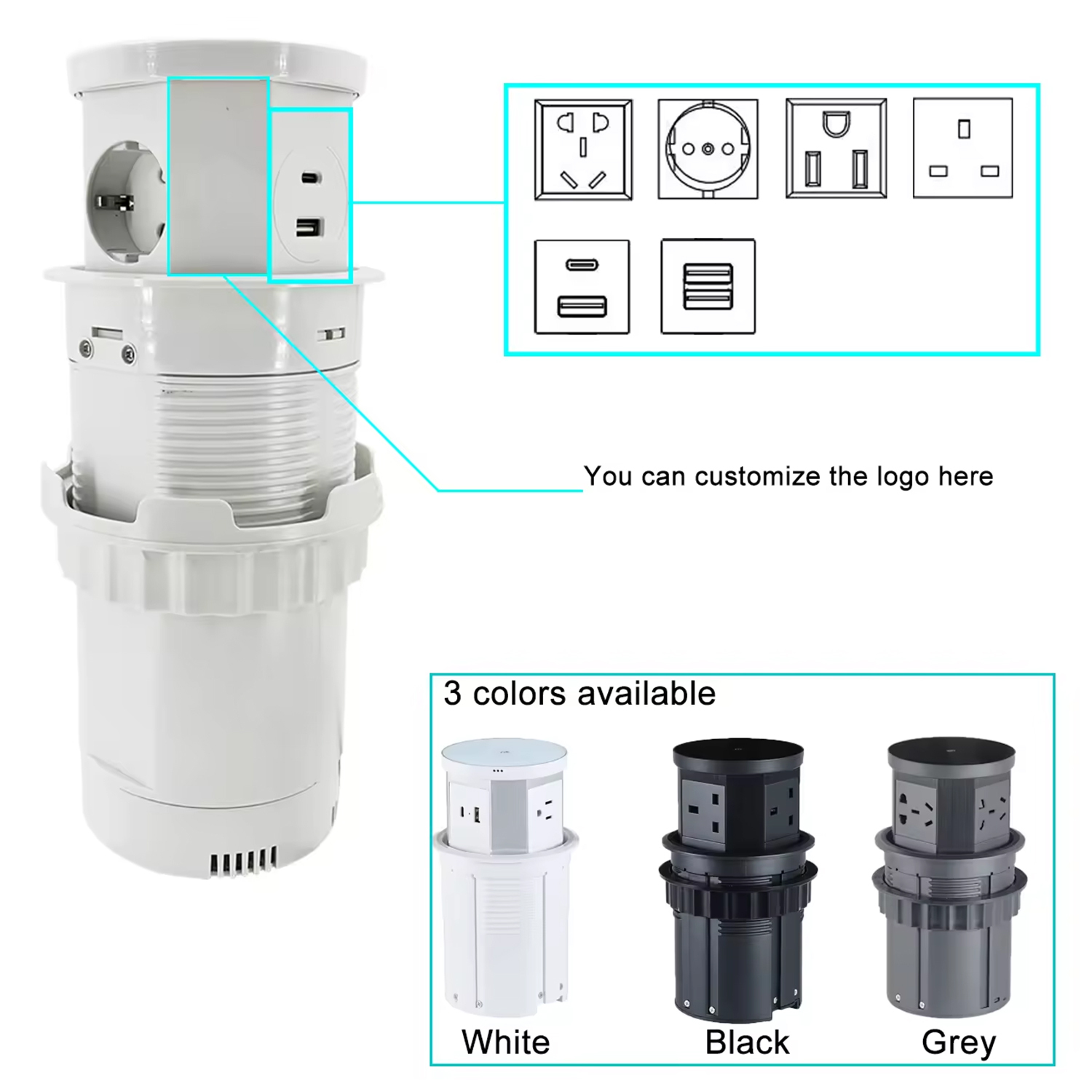 Automatic Pop Up Outlet, 4.33 inch/110mm hole Pop Up Outlet for Countertop with 15W Wireless Charger 3 AC Plug 10W USB-A 1 USB-C Hidden Outlet 5 FT/1.5m Cord for for Kitchen/Home/Office