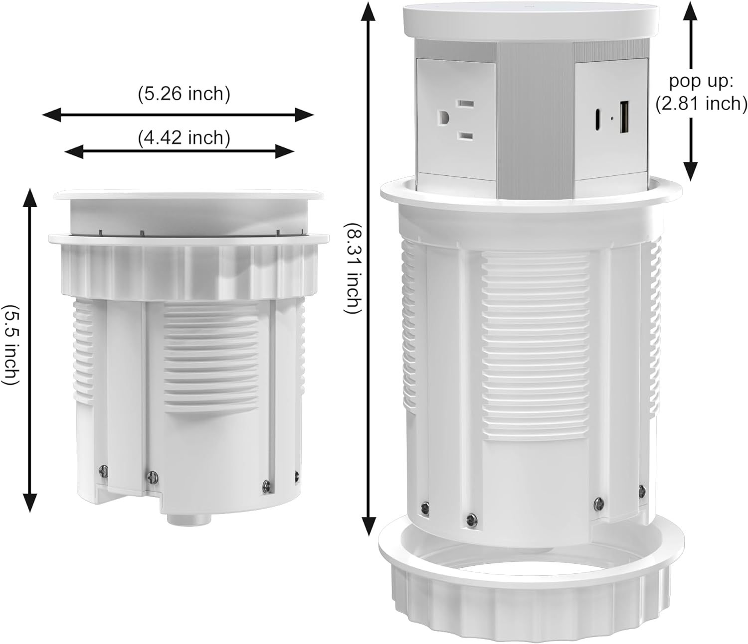 Automatic Pop Up Outlet, 4.33 inch/110mm hole Pop Up Outlet for Countertop with 15W Wireless Charger 3 AC Plug 10W USB-A 1 USB-C Hidden Outlet 5 FT/1.5m Cord for for Kitchen/Home/Office