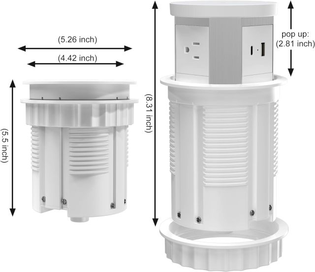 Automatic Pop Up Outlet, 4.33 inch/110mm hole Pop Up Outlet for Countertop with 15W Wireless Charger 3 AC Plug 10W USB-A 1 USB-C Hidden Outlet 5 FT/1.5m Cord for for Kitchen/Home/Office