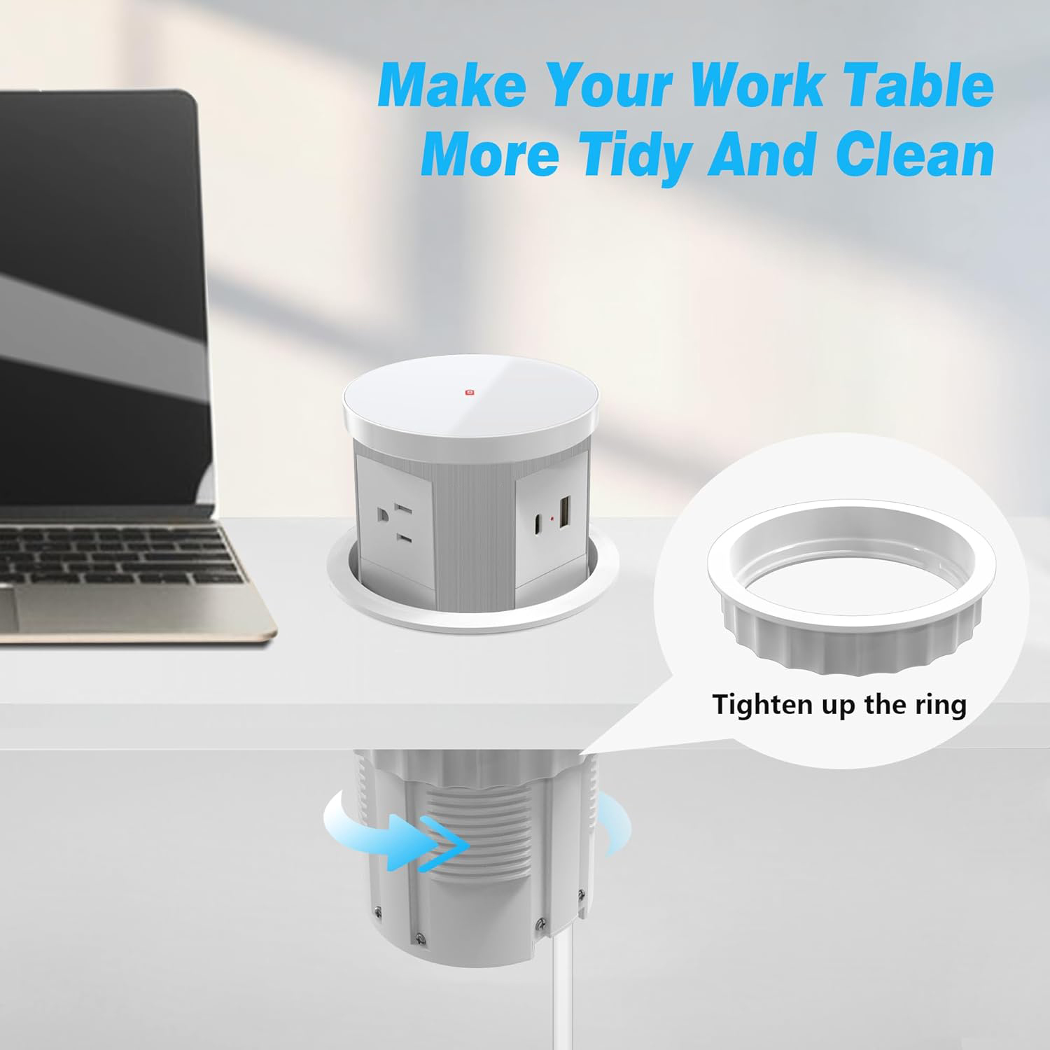 Automatic Pop Up Outlet, 4.33 inch/110mm hole Pop Up Outlet for Countertop with 15W Wireless Charger 3 AC Plug 10W USB-A 1 USB-C Hidden Outlet 5 FT/1.5m Cord for for Kitchen/Home/Office