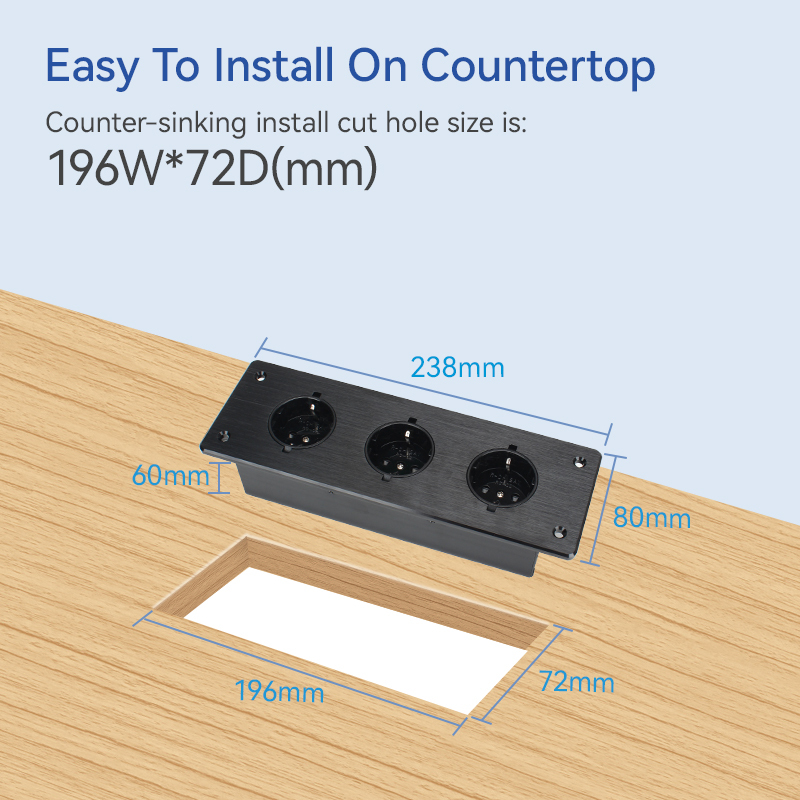 Desktop Embedded Brushed Panel Power Socket 3 Schuko Outlets For Furniture/Conference Table