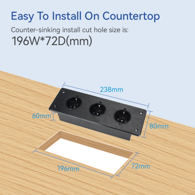 Desktop Embedded Brushed Panel Power Socket 3 Schuko Outlets For Furniture/Conference Table