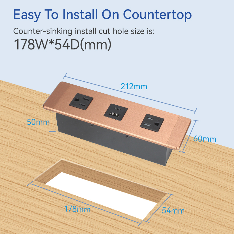 Desktop Recessed Alloy Power Socket 2 US Outlets 1 Combined USB-A&C For Conference Table Family Furniture