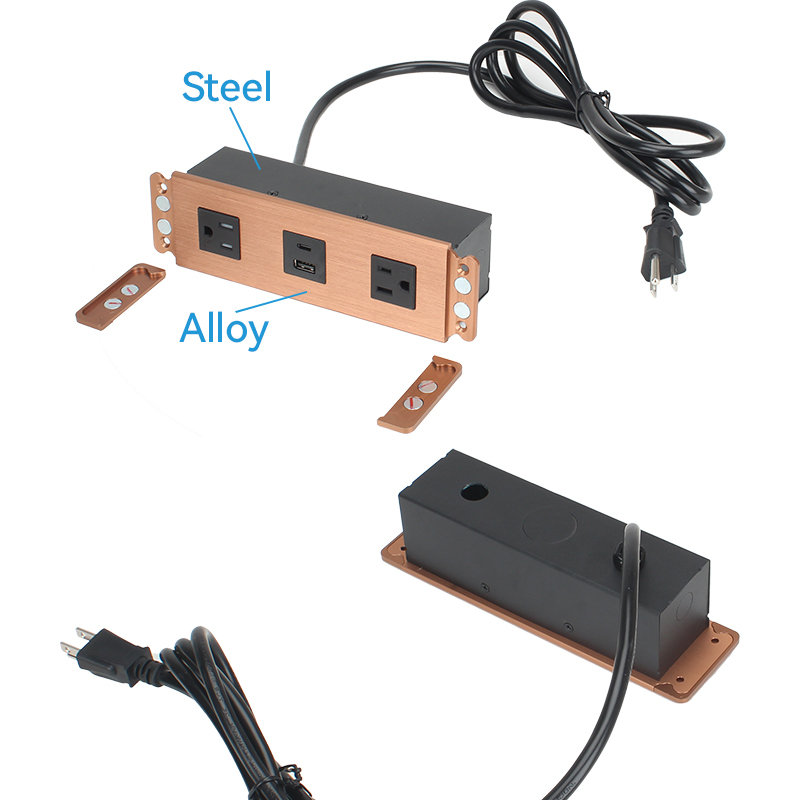 Desktop Recessed Alloy Power Socket 2 US Outlets 1 Combined USB-A&C For Conference Table Family Furniture