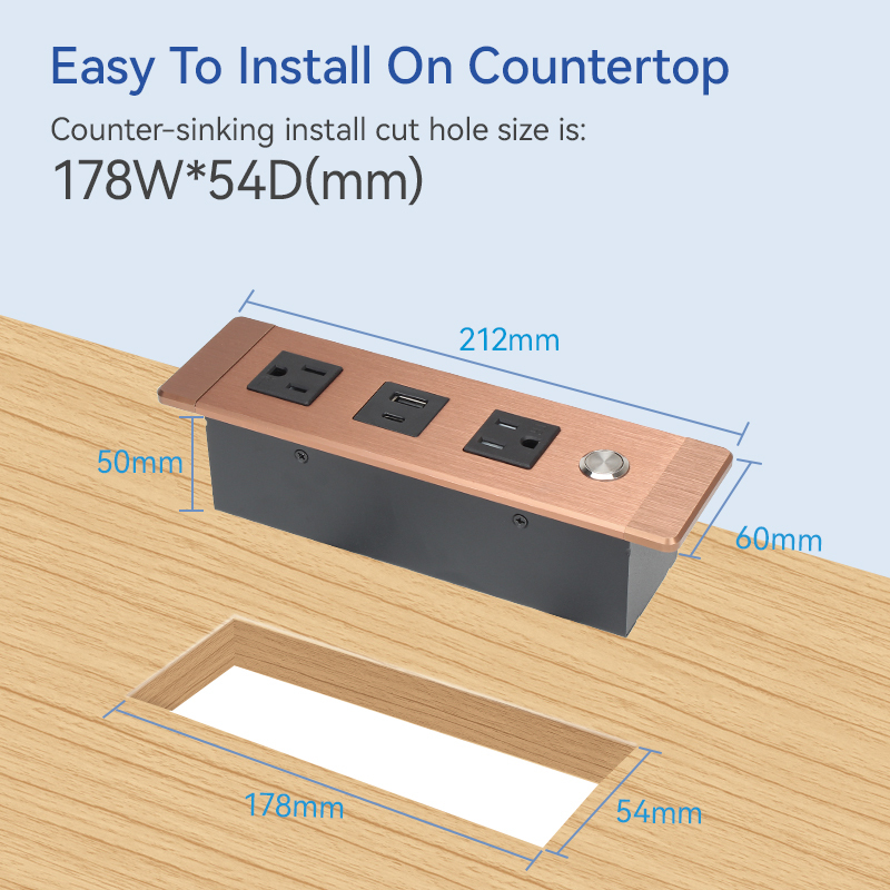 Desktop recessed In Alloy power Socket US Socket 2 US Outlets 1 USB-A&C With 1 Switch