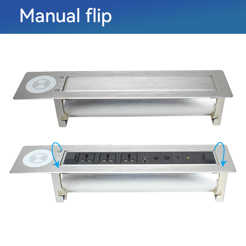 High Quality Alloy Motorised Rotary Socket With Universal Outlets ,Wireless Charging and Multimedia Ports For Conference