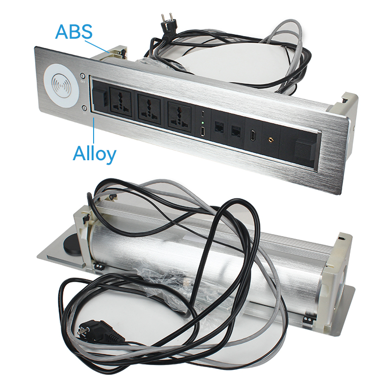 High Quality Alloy Motorised Rotary Socket With Universal Outlets ,Wireless Charging and Multimedia Ports For Conference