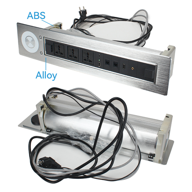 High Quality Alloy Motorised Rotary Socket With Universal Outlets ,Wireless Charging and Multimedia Ports For Conference