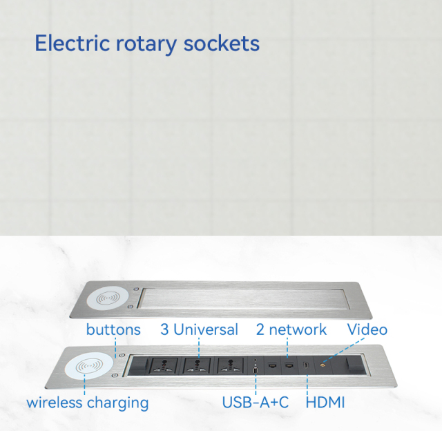 High Quality Alloy Motorised Rotary Socket With Universal Outlets ,Wireless Charging and Multimedia Ports For Conference