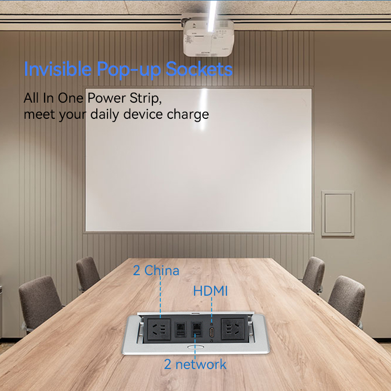 Multi-functional Desktop Pop Up Alloy Power Socket 2 China Outlets 2 CAT6 １HDMI