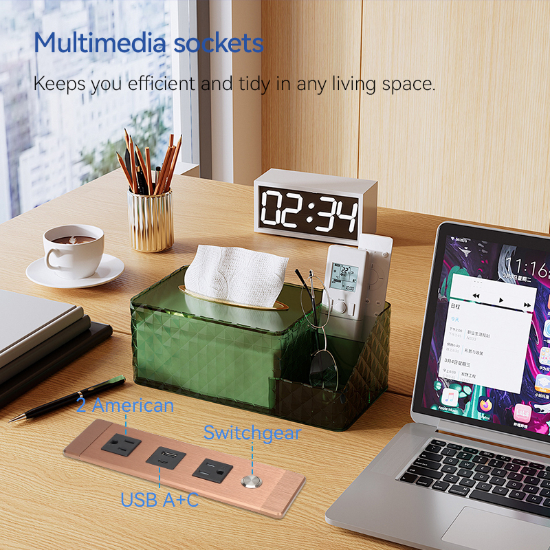 Desktop recessed In Alloy power Socket US Socket 2 US Outlets 1 USB-A&C With 1 Switch