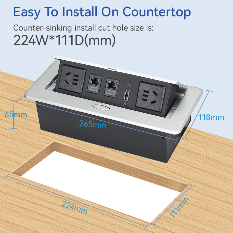 Multi-functional Desktop Pop Up Alloy Power Socket 2 China Outlets 2 CAT6 １HDMI