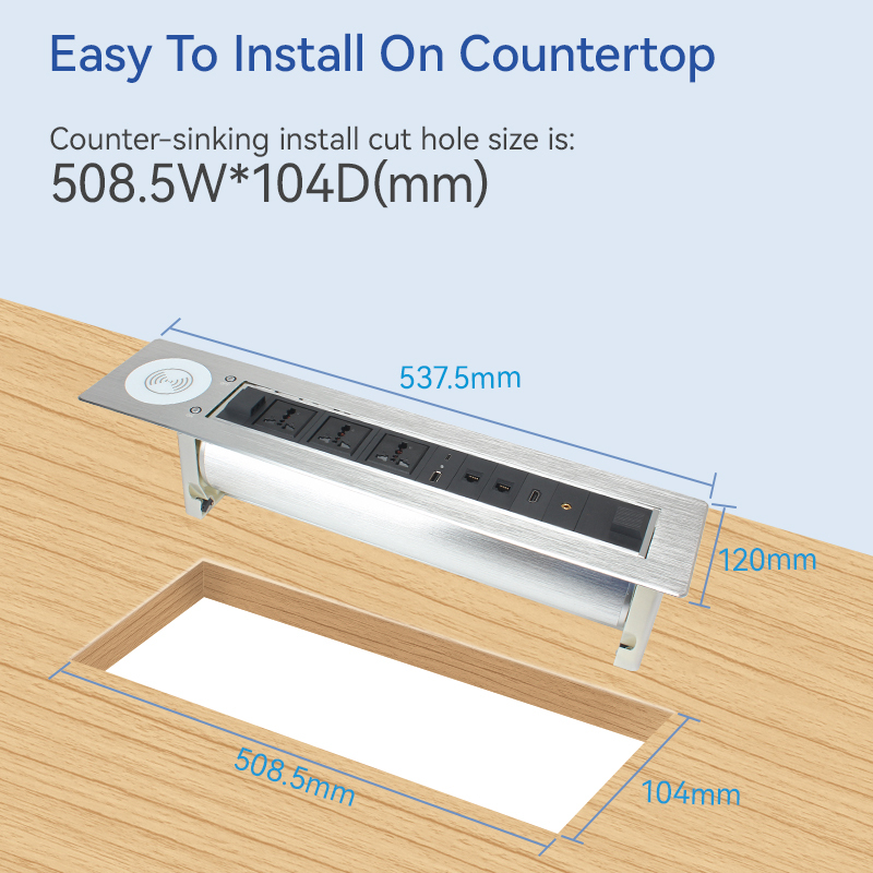 High Quality Alloy Motorised Rotary Socket With Universal Outlets ,Wireless Charging and Multimedia Ports For Conference