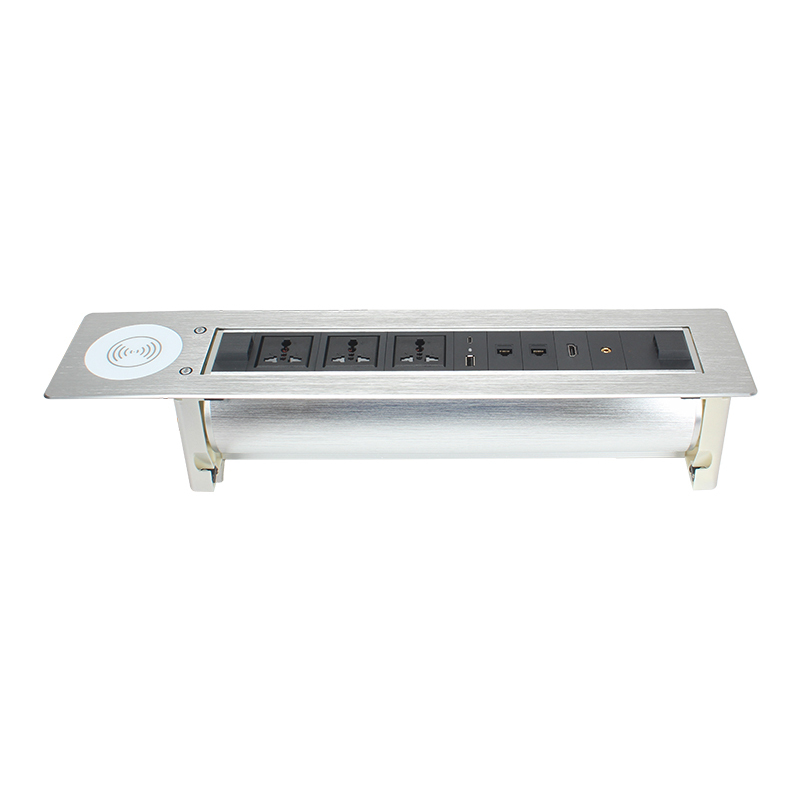 High Quality Alloy Motorised Rotary Socket With Universal Outlets ,Wireless Charging and Multimedia Ports For Conference