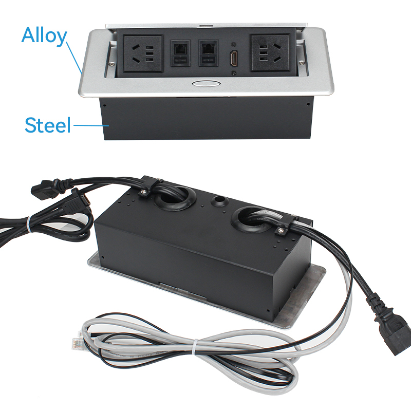 Multi-functional Desktop Pop Up Alloy Power Socket 2 China Outlets 2 CAT6 １HDMI