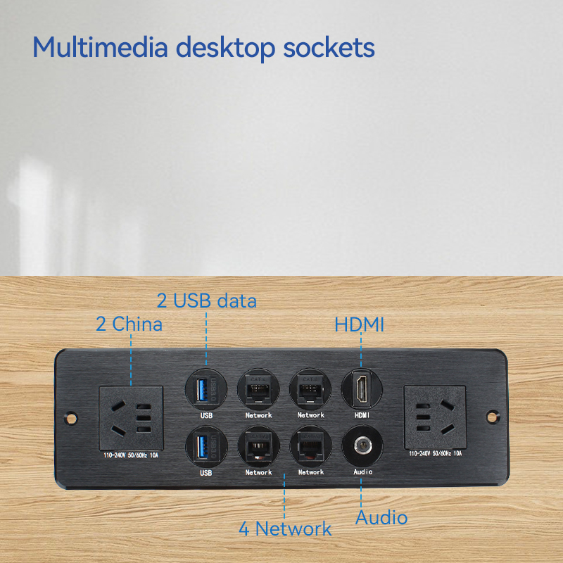 Countertop Recessed In Power Socket 2 Outlets With Multimedia Port：USB Date，CAT6，AUDIO，HDMI
