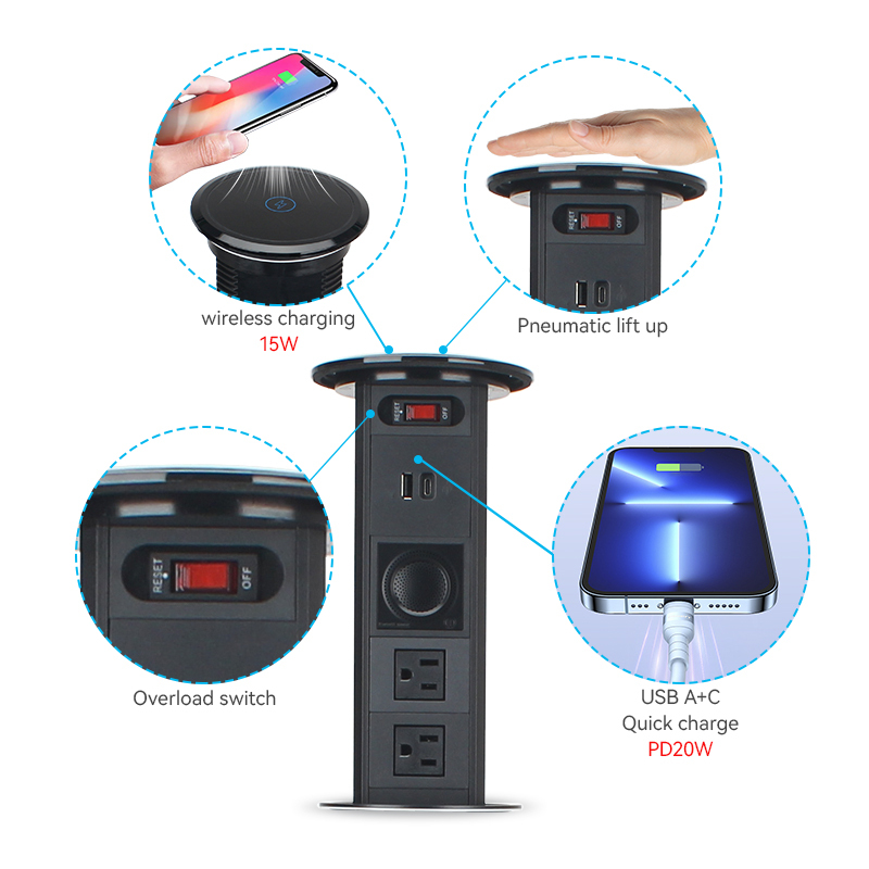 Kitchen Pneumatic Pop Up Socket With Speaker Tempered Glass Panel With Wireless Charging Elevate your kitchen experience with style and functionality