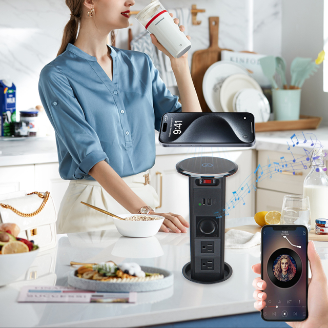 Kitchen Pneumatic Pop Up Socket With Speaker Tempered Glass Panel With Wireless Charging Elevate your kitchen experience with style and functionality