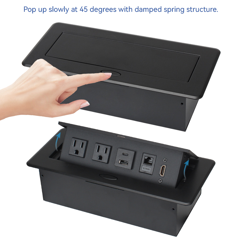 Desktop Embedded Pop Up Socket 2 US Outlets With CAT6+HDMI
