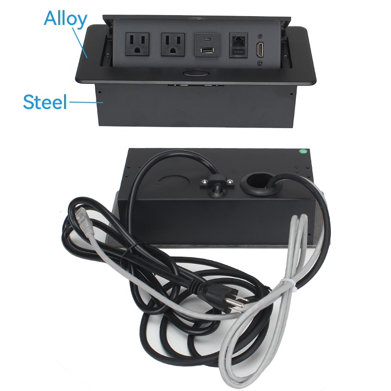 Desktop Embedded Pop Up Socket 2 US Outlets With CAT6+HDMI